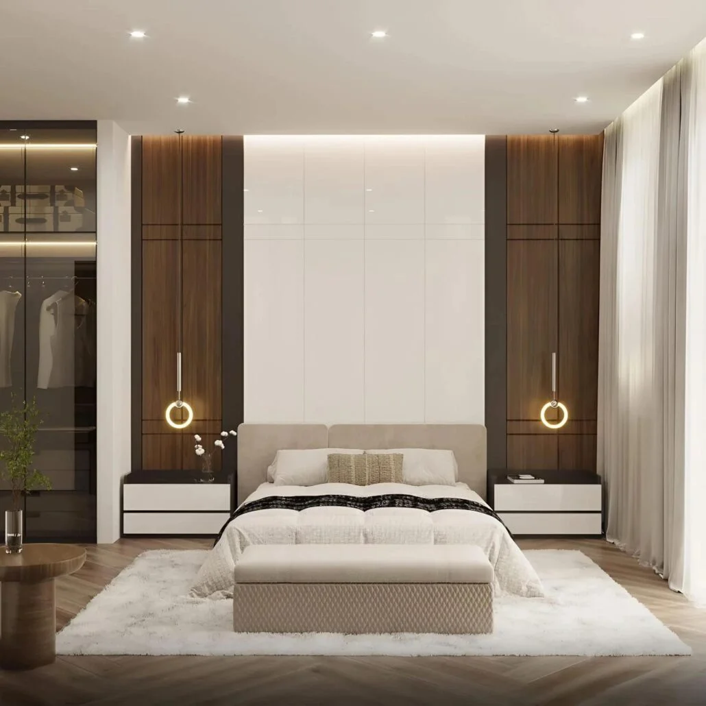 Phòng ngủ master thiết kế tràn ánh sáng với khoảng cây xanh lớn tạo cảm giác mát mẻ