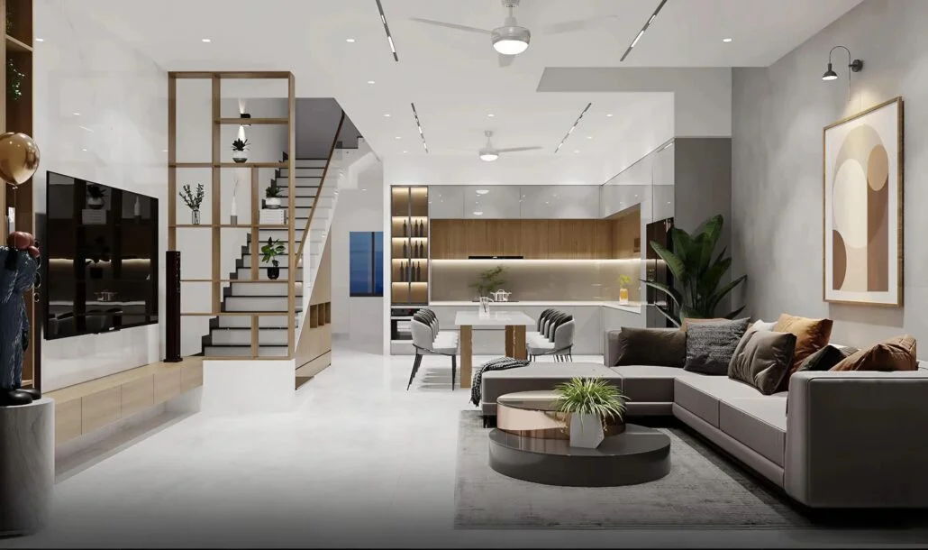 Phòng khách: Sử dụng bộ sofa chữ L tông xám trung tính, kết hợp cùng thảm dệt tinh xảo và ánh sáng dịu nhẹ từ đèn ray nam châm.