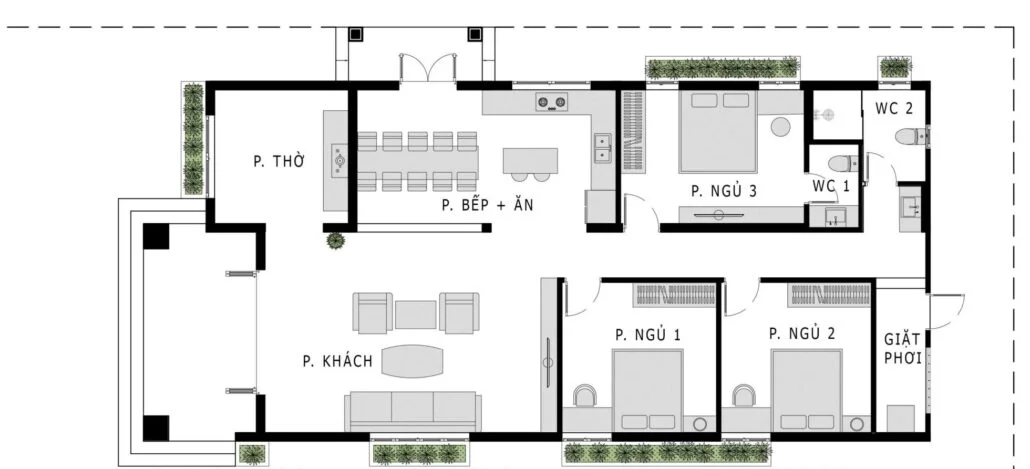 Mặt bằng bố trí công năng nhà cấp 4 3 phòng ngủ
