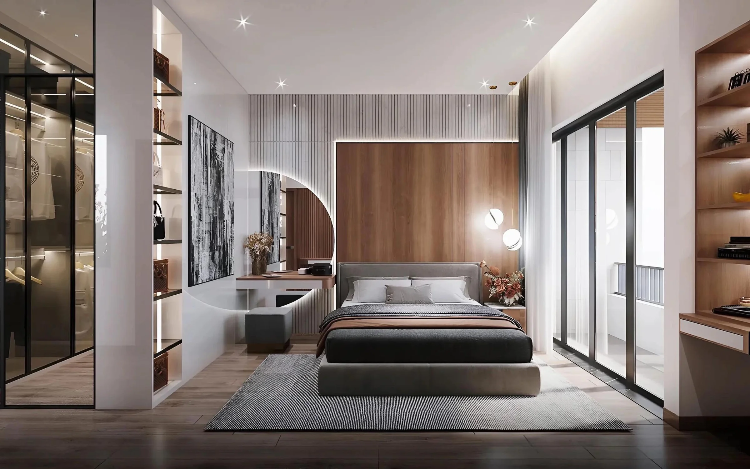 Phòng ngủ Master tiêu chuẩn nghỉ dưỡng với vách ốp gỗ nan và ánh sáng dịu nhẹ vỗ về giấc ngủ.