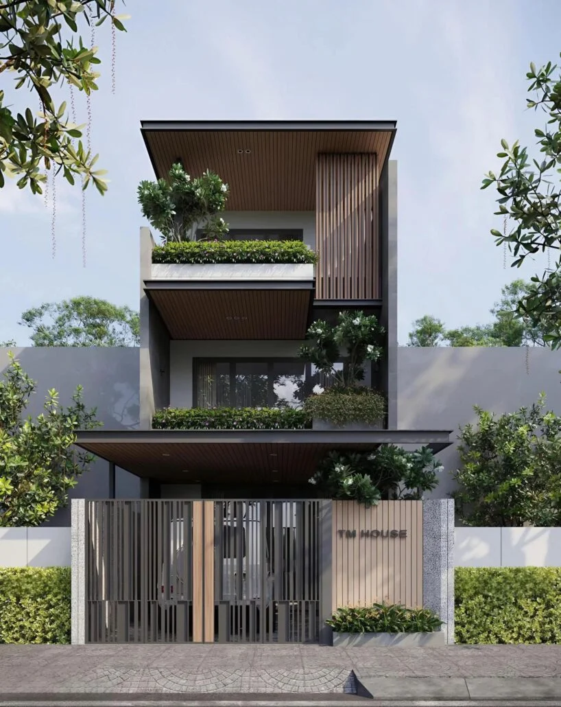 Diện mạo bề thế của TM House với hệ mái đua rộng và lam gỗ dọc – Giải pháp “giải nhiệt” thông minh cho nhà phố Quảng Ninh.