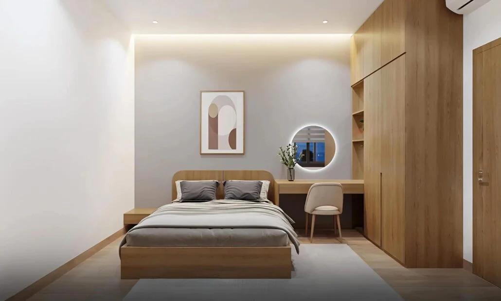 Sự kết hợp hoàn mỹ giữa ánh sáng đèn led âm trần và vật liệu gỗ sồi mang lại cảm giác ấm cúng cho phòng ngủ.