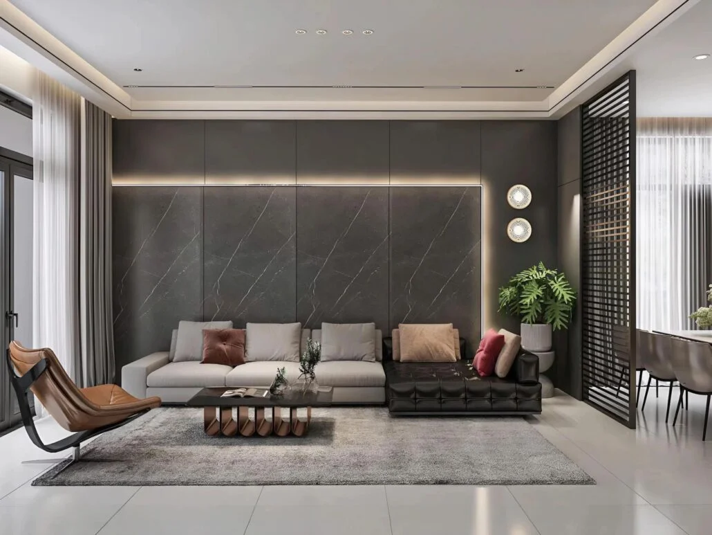 Không gian phòng khách Modern Luxury đầy quyền uy với mảng tường đá Marble vân mây khổ lớn và hệ ánh sáng âm trần tinh tế.