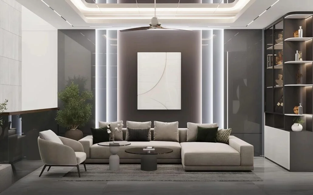 Không gian tiếp khách sang trọng với hệ đèn Profile LED định hình và tông màu trung tính đầy tinh tế