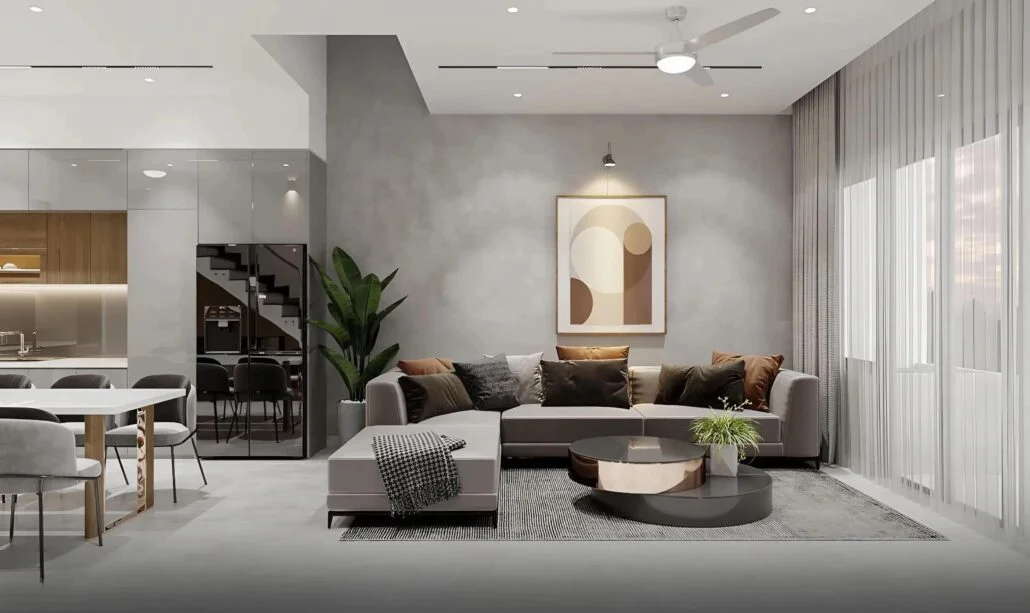 Nội thất phòng khách Minimalist: Sự tinh tế đến từ gam màu trung tính và những đường nét thiết kế tối giản.