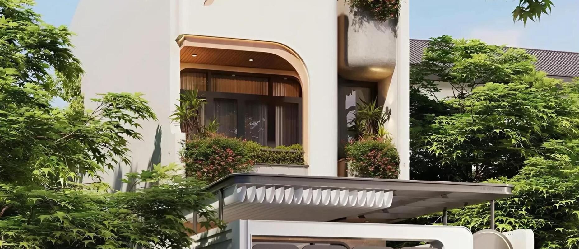 Phối cảnh mặt tiền nhà phố hiện đại 2.5 tầng tại Hà Nam, thiết kế đường cong bo góc, ban công xanh, phong cách Modern Tropical,