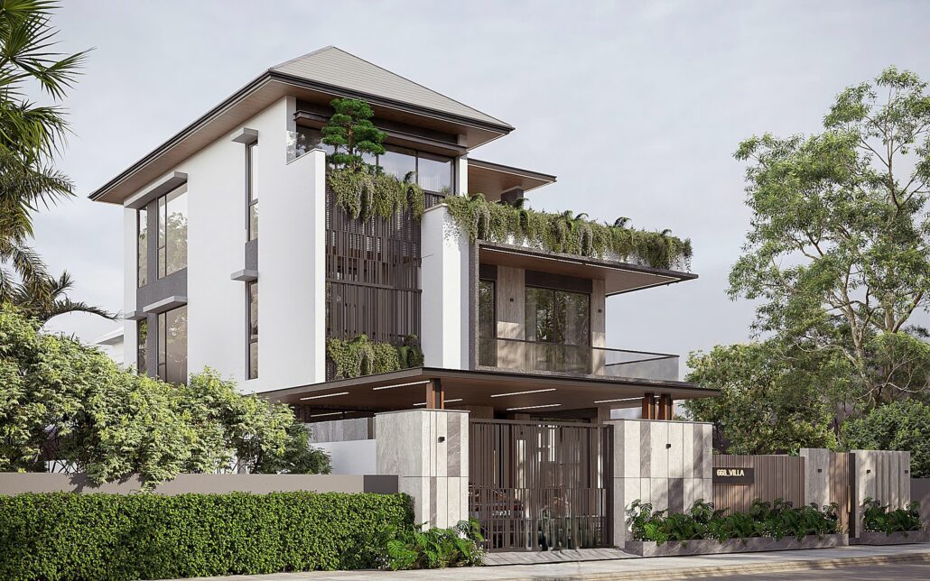 Kiến trúc Modern Tropical của 668_VILLA: Sự giao thoa hoàn hảo giữa hình khối hiện đại và mảng xanh nhiệt đới.