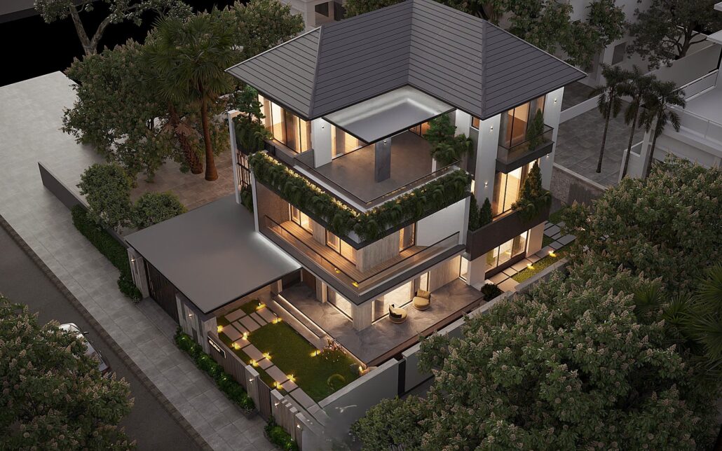 Sự kết hợp vật liệu bậc thầy: Đá ốp xám trung tính đan xen trần gỗ ấm áp tại mặt tiền 668_VILLA.