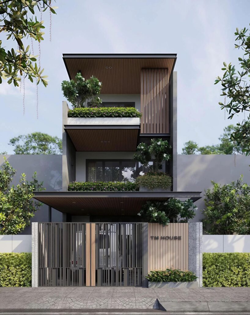 Diện mạo bề thế của TM House với hệ mái đua rộng và lam gỗ dọc – Giải pháp “giải nhiệt” thông minh cho nhà phố Quảng Ninh.