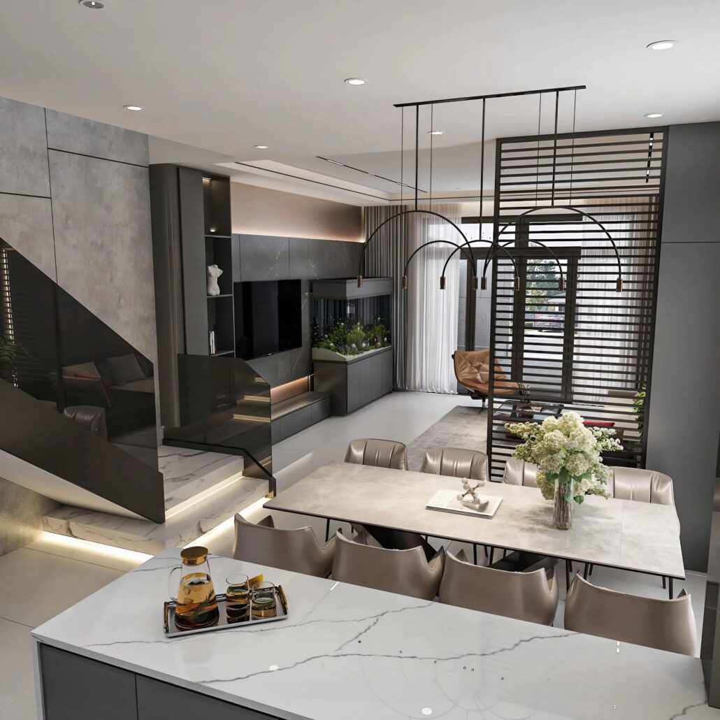 Bàn ăn hiện đại nằm dưới hệ đèn thả nghệ thuật, nơi gắn kết những bữa cơm gia đình ấm cúng của anh Hào.