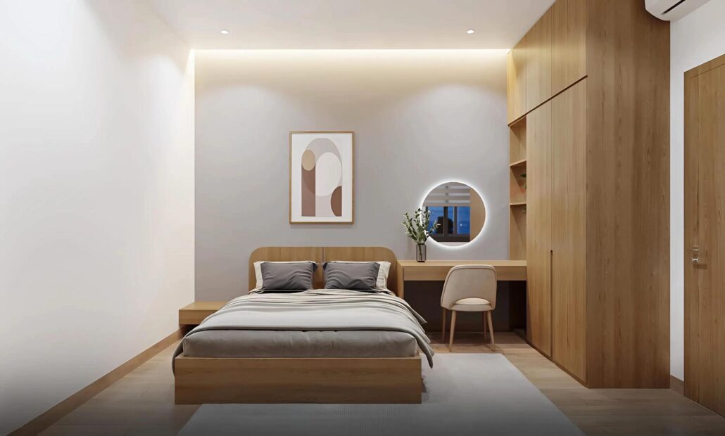 Sự kết hợp hoàn mỹ giữa ánh sáng đèn led âm trần và vật liệu gỗ sồi mang lại cảm giác ấm cúng cho phòng ngủ.