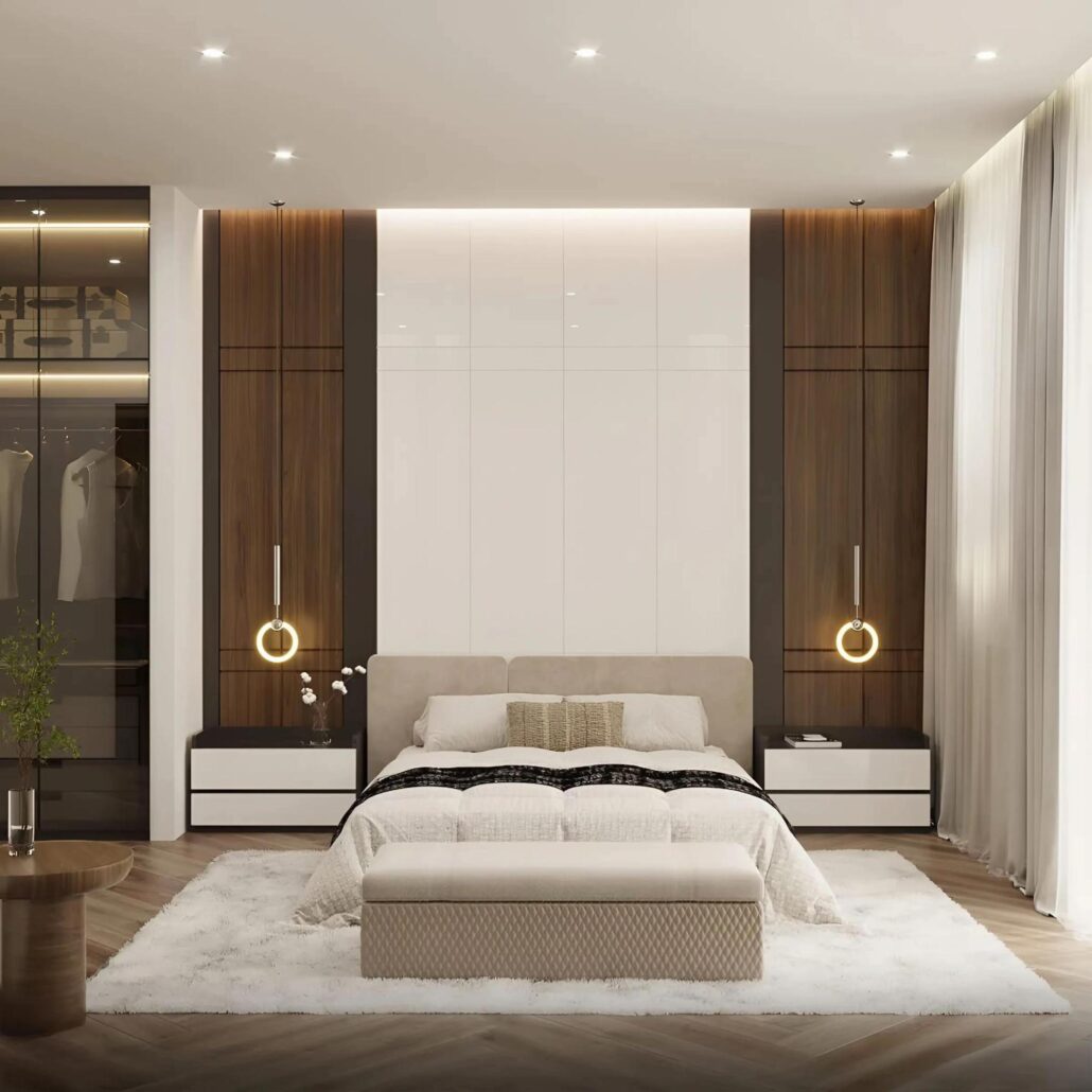 Phòng ngủ master thiết kế tràn ánh sáng với khoảng cây xanh lớn tạo cảm giác mát mẻ
