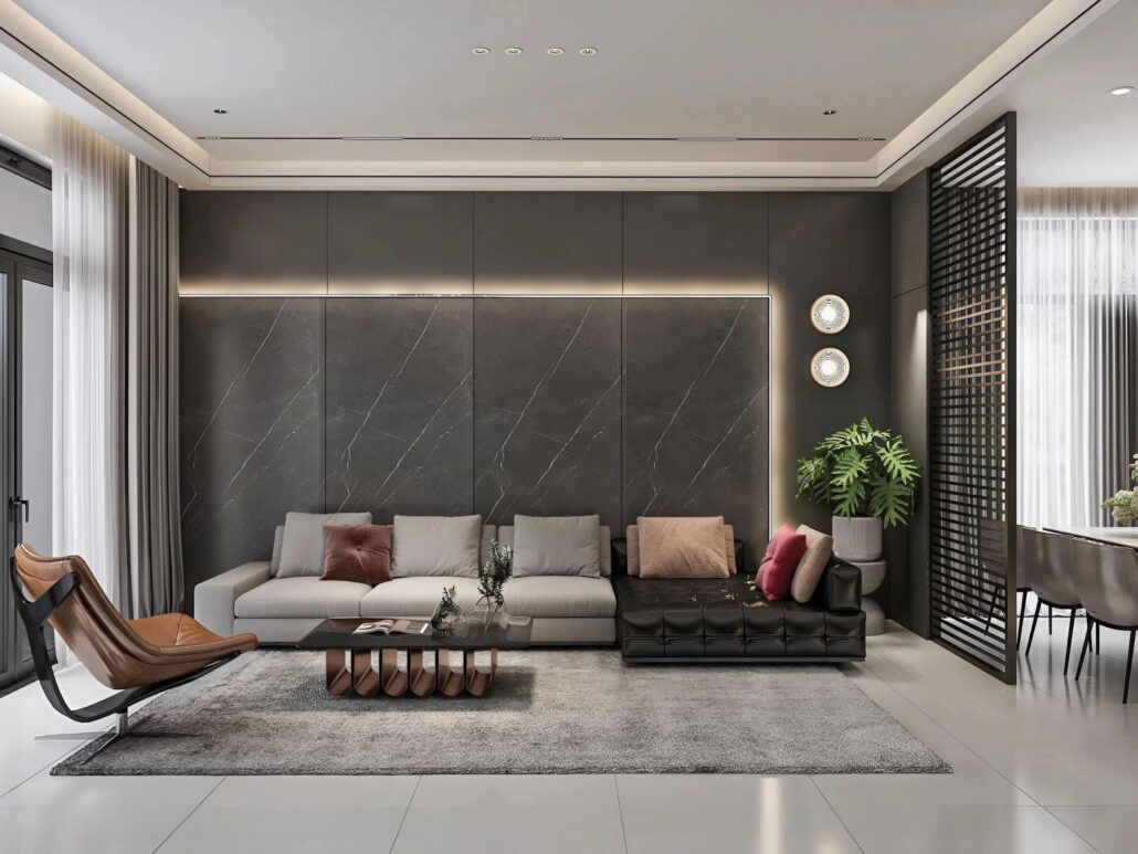 Không gian phòng khách Modern Luxury đầy quyền uy với mảng tường đá Marble vân mây khổ lớn và hệ ánh sáng âm trần tinh tế.