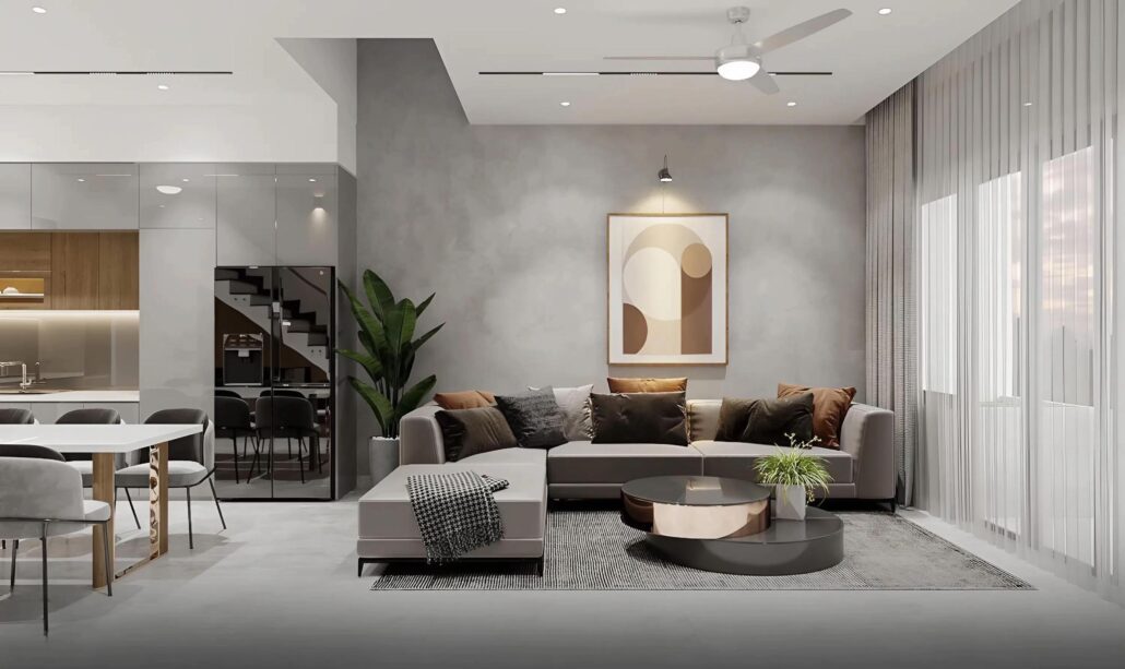 Nội thất phòng khách Minimalist: Sự tinh tế đến từ gam màu trung tính và những đường nét thiết kế tối giản.