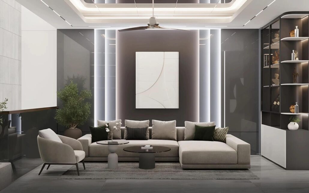Không gian tiếp khách sang trọng với hệ đèn Profile LED định hình và tông màu trung tính đầy tinh tế