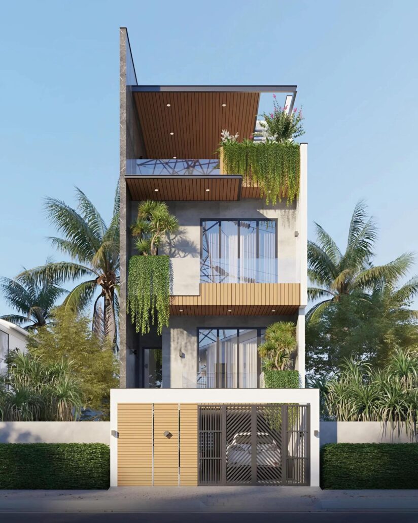 Phối cảnh kiến trúc Modern Tropical với mặt tiền xanh mát, sử dụng hình khối đặc rỗng đan xen đầy nghệ thuật.