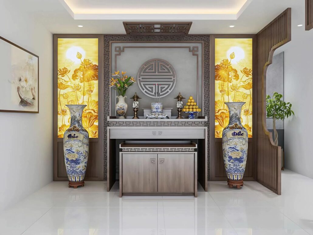 Không gian tâm linh trang trọng với tranh sen xuyên sáng và họa tiết truyền thống cách tân.