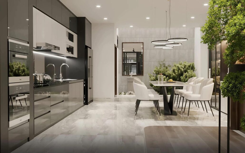 Gian bếp hiện đại – Nơi giữ lửa hạnh phúc với thiết bị âm tủ thông minh và giải pháp chiếu sáng điểm (Spotlight).