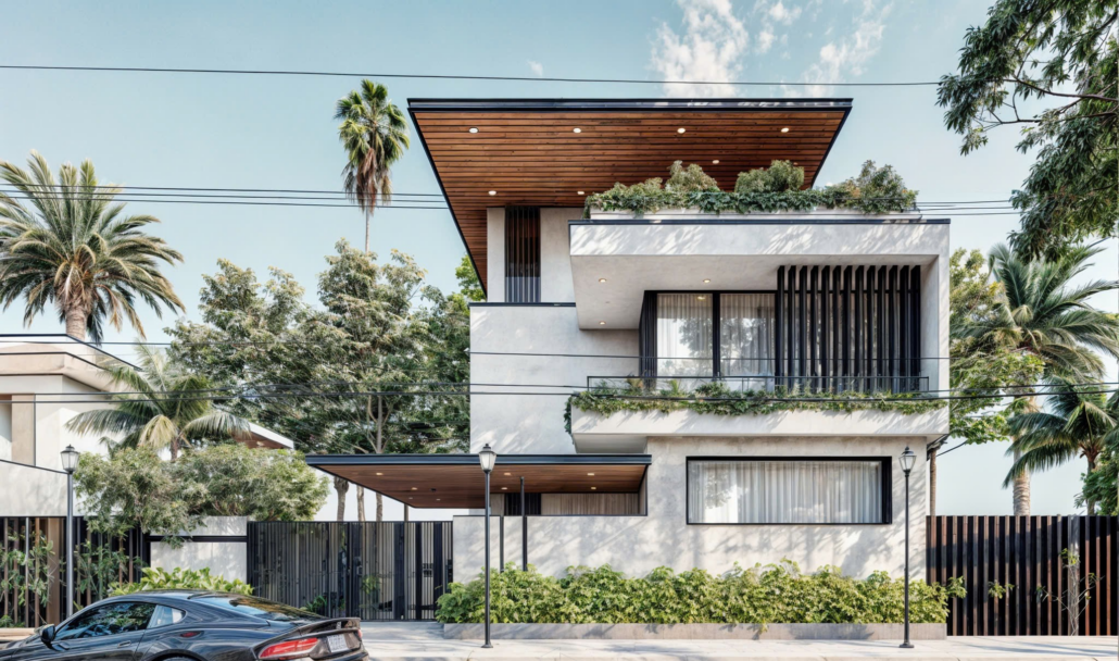 Sự tương phản tinh tế giữa sơn hiệu ứng bê tông và trần gỗ đua rộng Cantilever