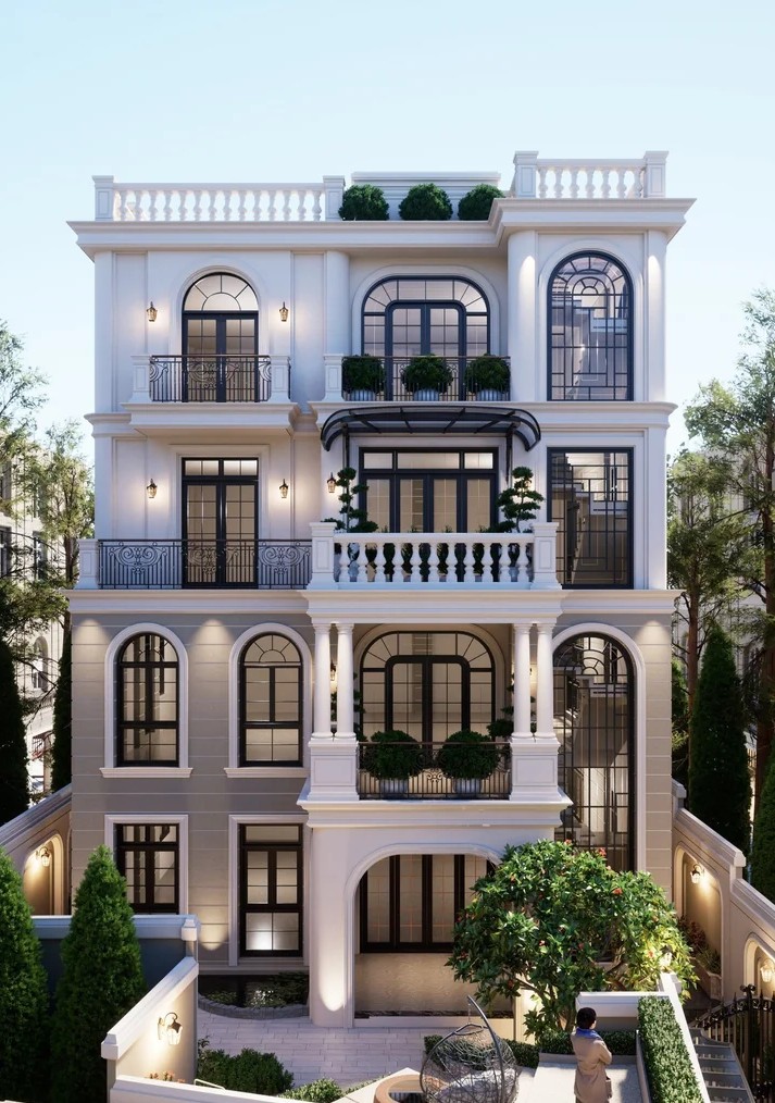 Mẫu thiết kế nhà phố 10m mặt tiền phong cách tân cổ điển