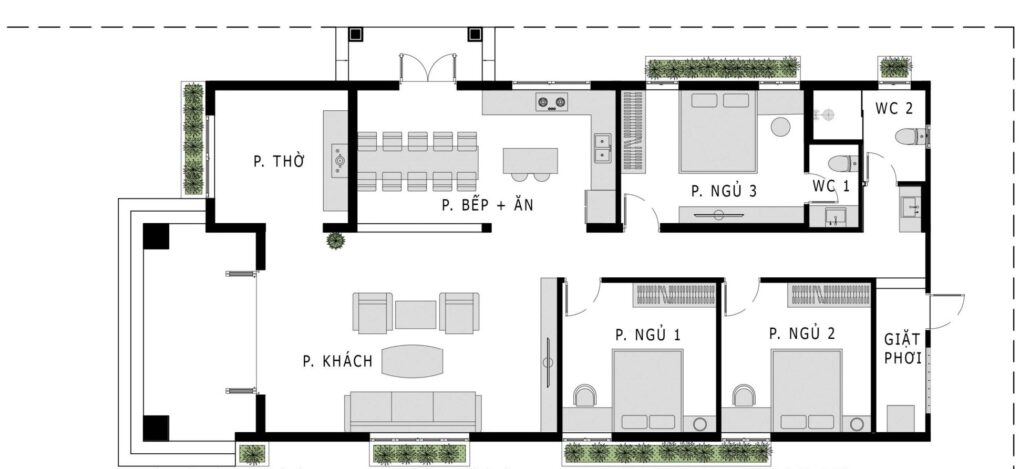 Mặt bằng bố trí công năng nhà cấp 4 3 phòng ngủ